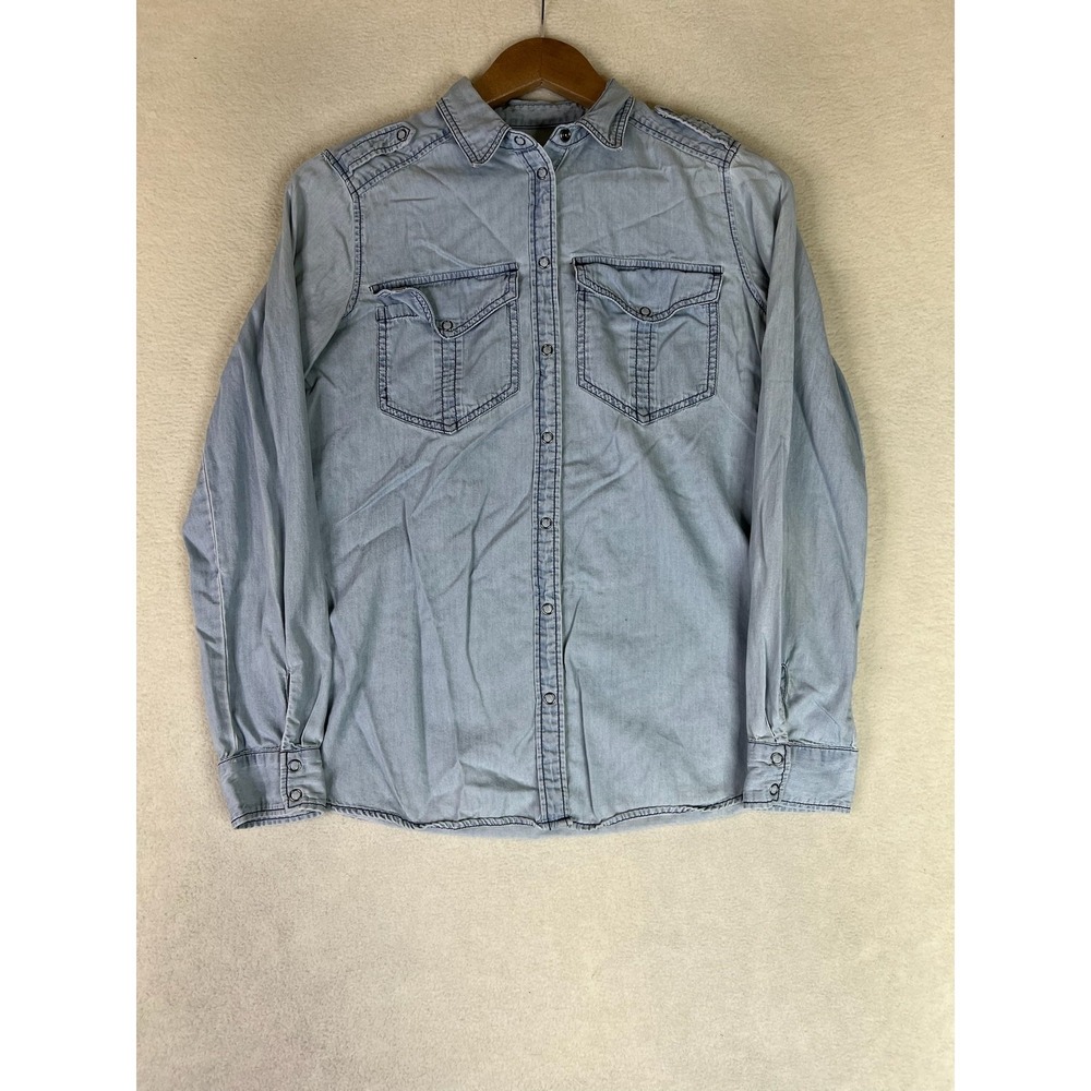Express Boyfriend Shirt Womens XS Light Blue Denim Long Sleeve Western Pockets